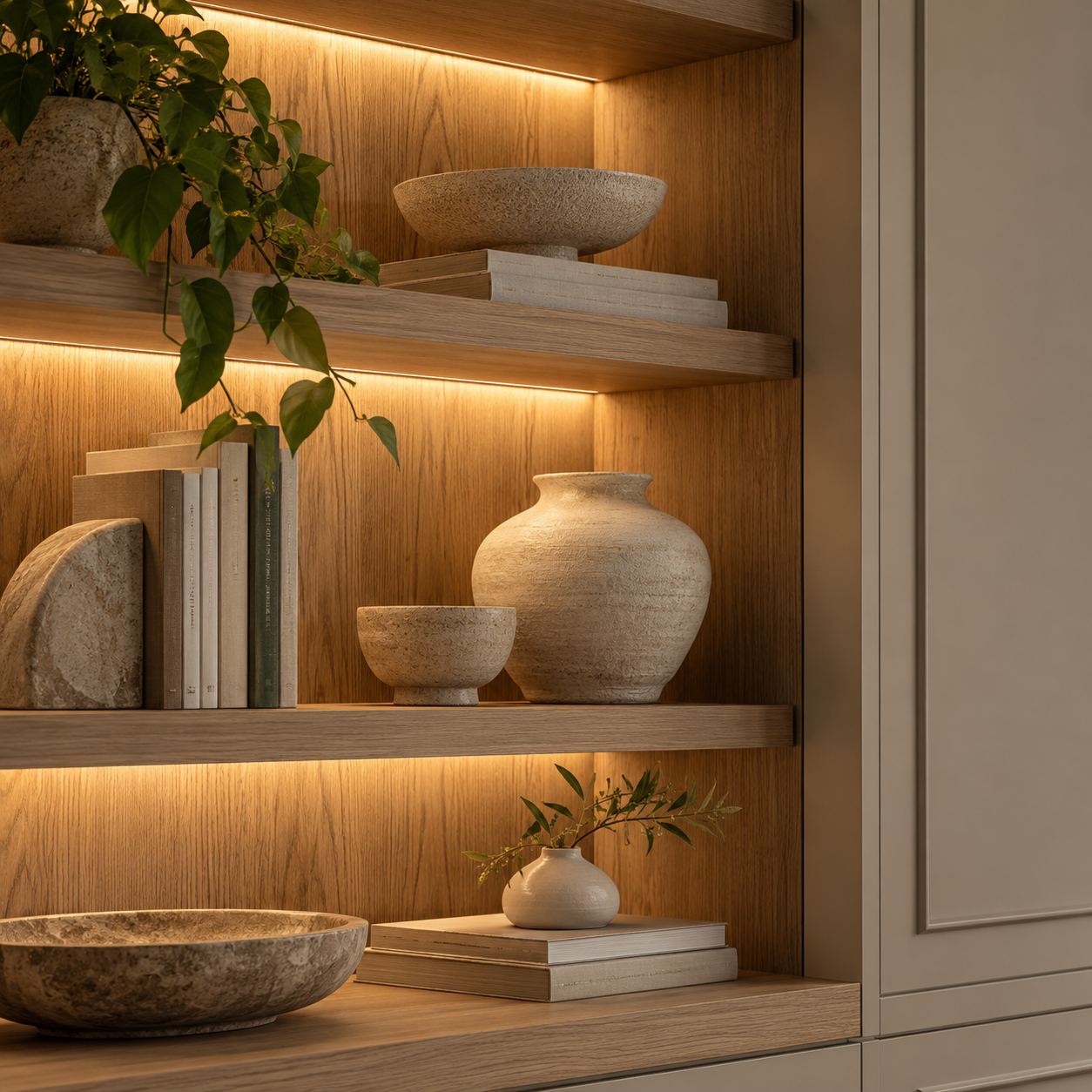 Wooden shelf with decorative vases, books, and potted plant, illuminated with warm LED lighting.
