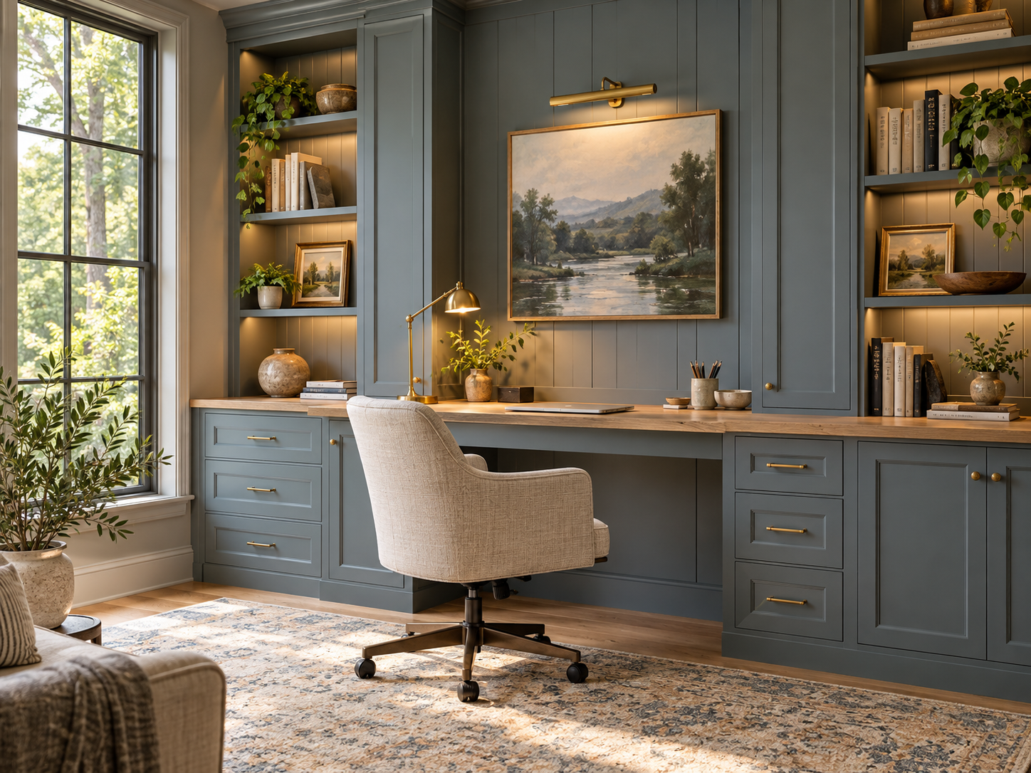 Home office with blue built-in desk and shelves, beige upholstered chair, large window, and decorative plants, with landscape paintings and books.