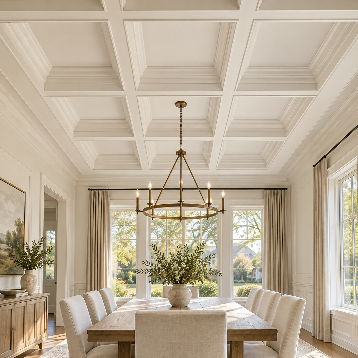 Bright dining room with coffered ceiling, chandelier, large windows, and a wooden table with white cushioned chairs, decorated with a vase of greenery.