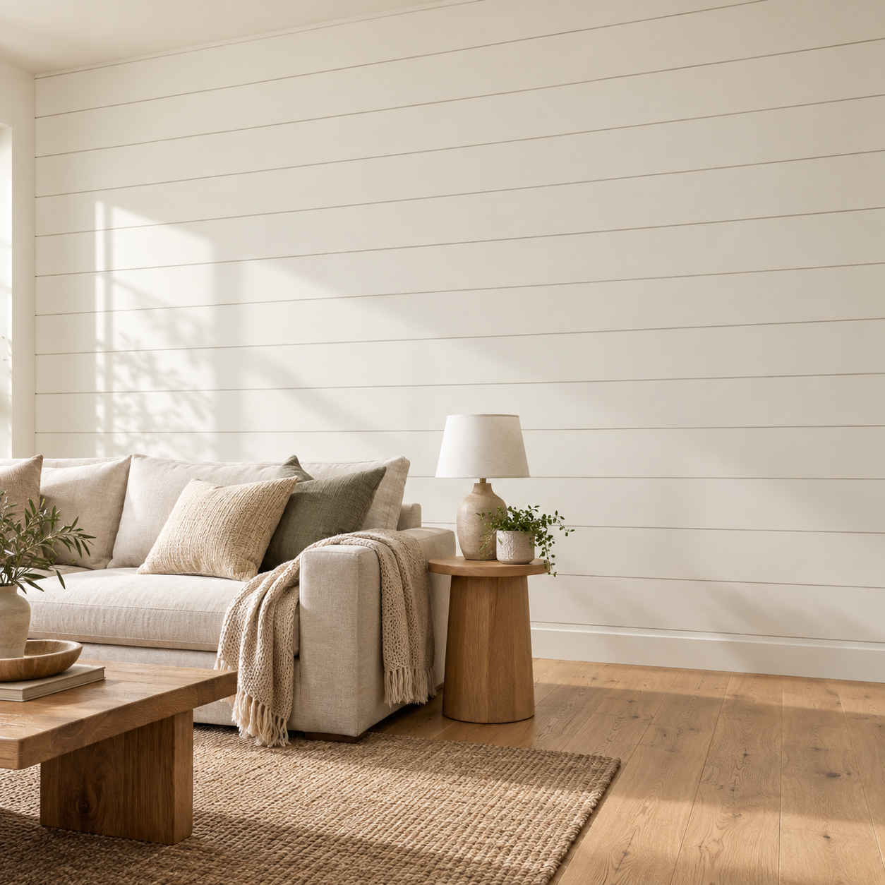 White horizontal shiplap accent wall in a living room with a cream sofa and oak furniture.