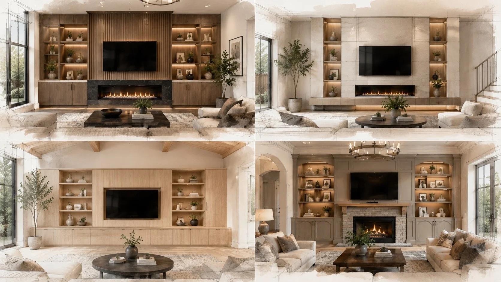 Architectural collage showcasing custom media walls, fireplace walls, built-in entertainment centers, and accent wall designs representing Dallas, Houston, Austin, and San Antonio, Texas.
