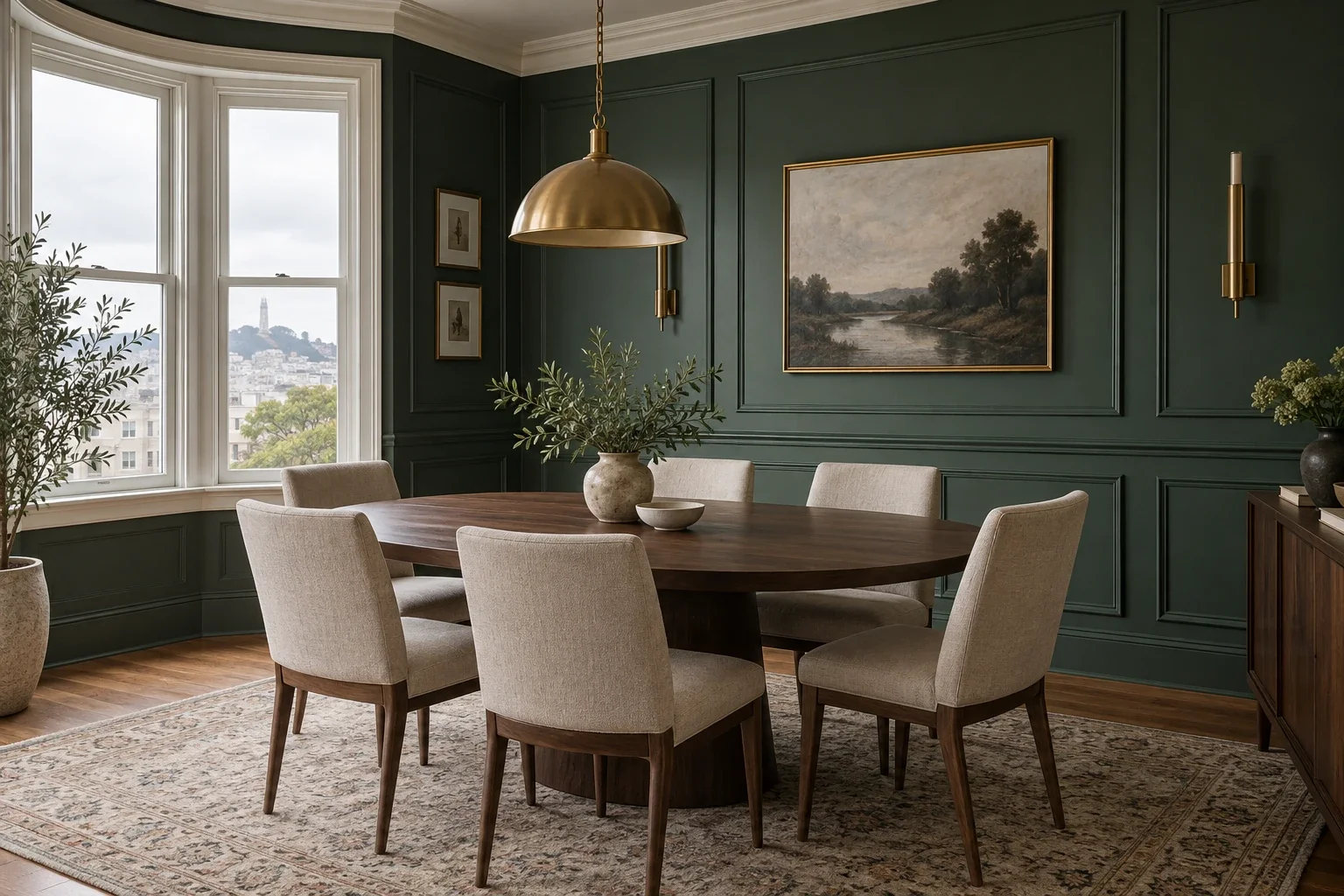 Deep green picture-frame molding in a dining room with a walnut table, brass pendant, and bay window.