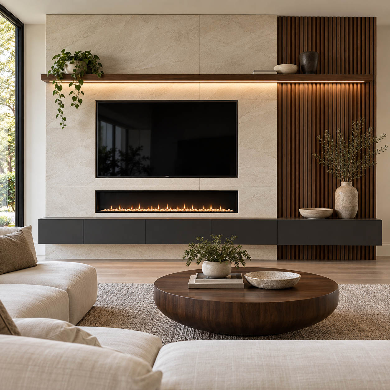 Modern living room with a wall-mounted flat-screen TV, a horizontal fireplace below the TV, beige and wooden wall accents, and decorative vases with greenery. A beige sofa and a round wooden coffee table with decorative bowls and plants are also visible.