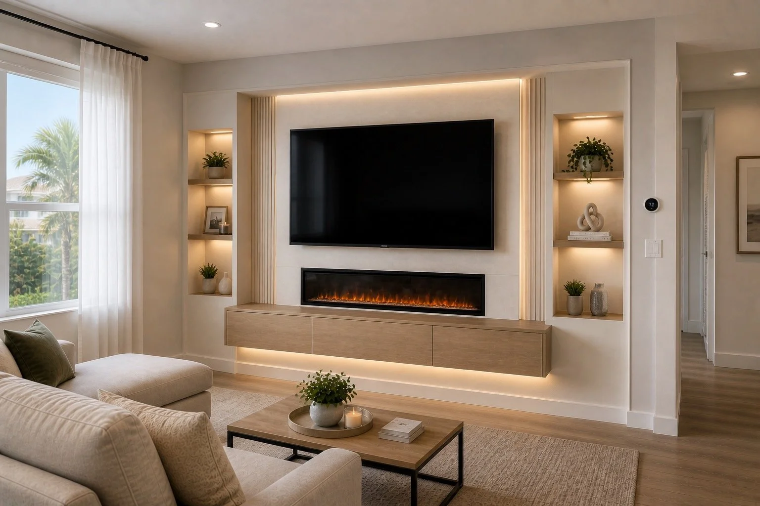 Media wall with electric fireplace and built-in shelves in modern Florida living room