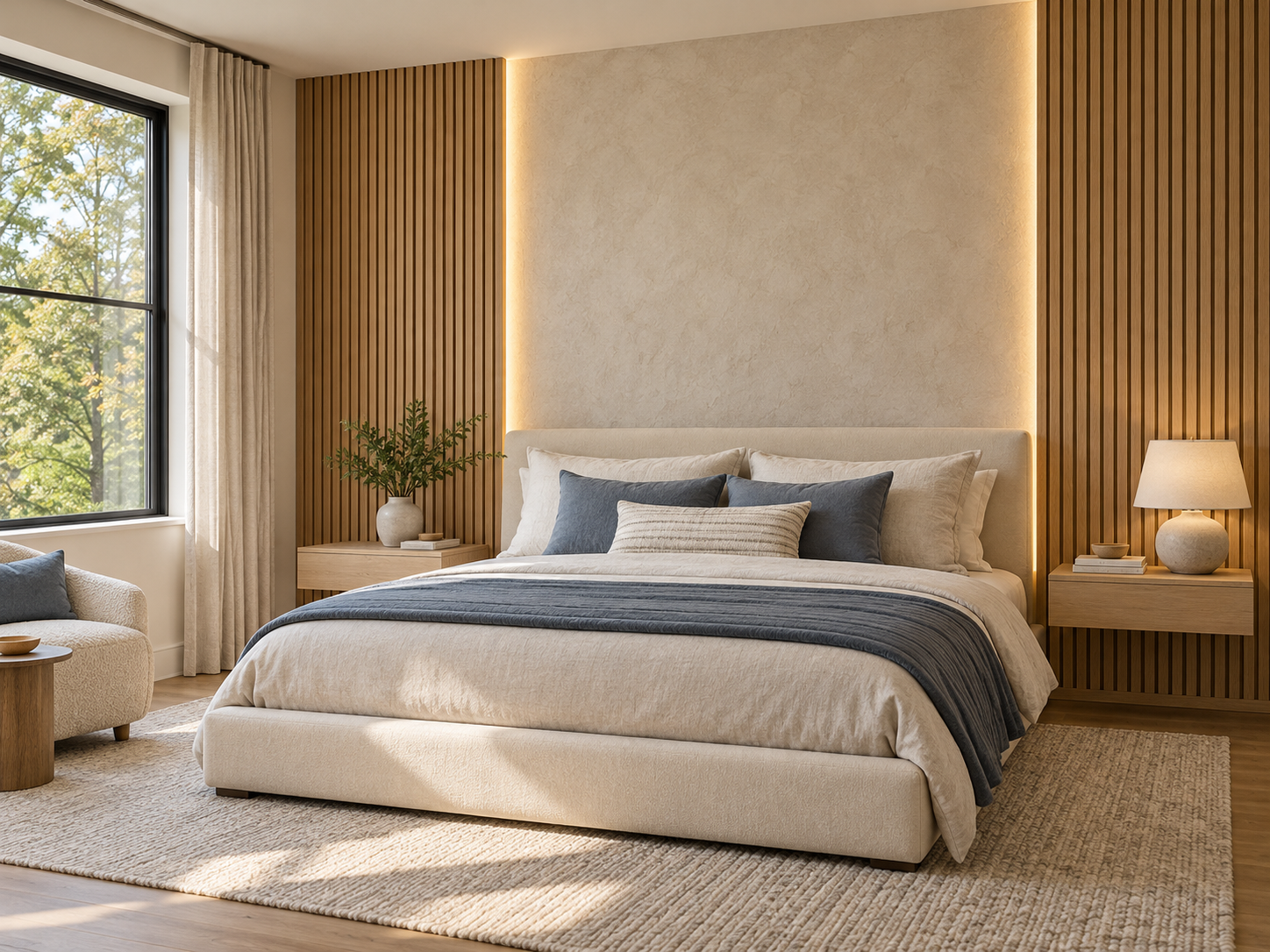 A modern bedroom with a large bed, neutral tones, blue accent pillows, and wooden wall paneling.