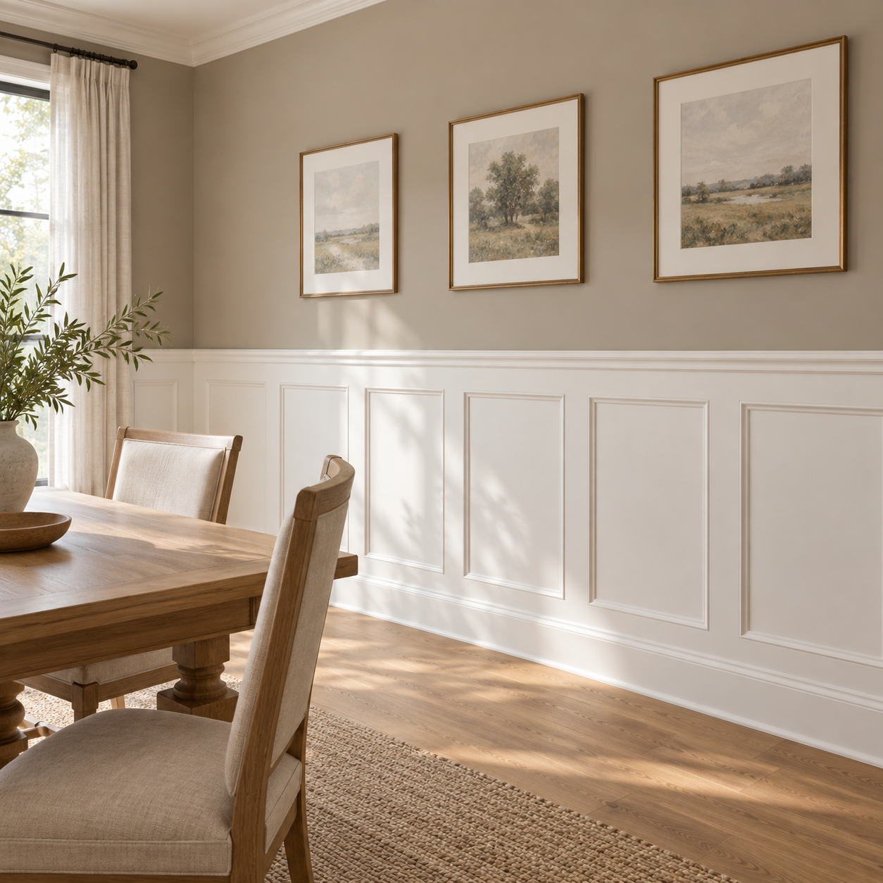 White wainscoting with decorative molding beneath taupe walls in a bright dining room.