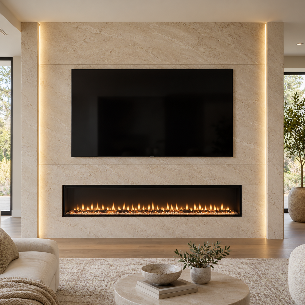 Modern living room with mounted flat-screen TV above an electric fireplace with flames, beige stone wall, and large windows with views of greenery.
