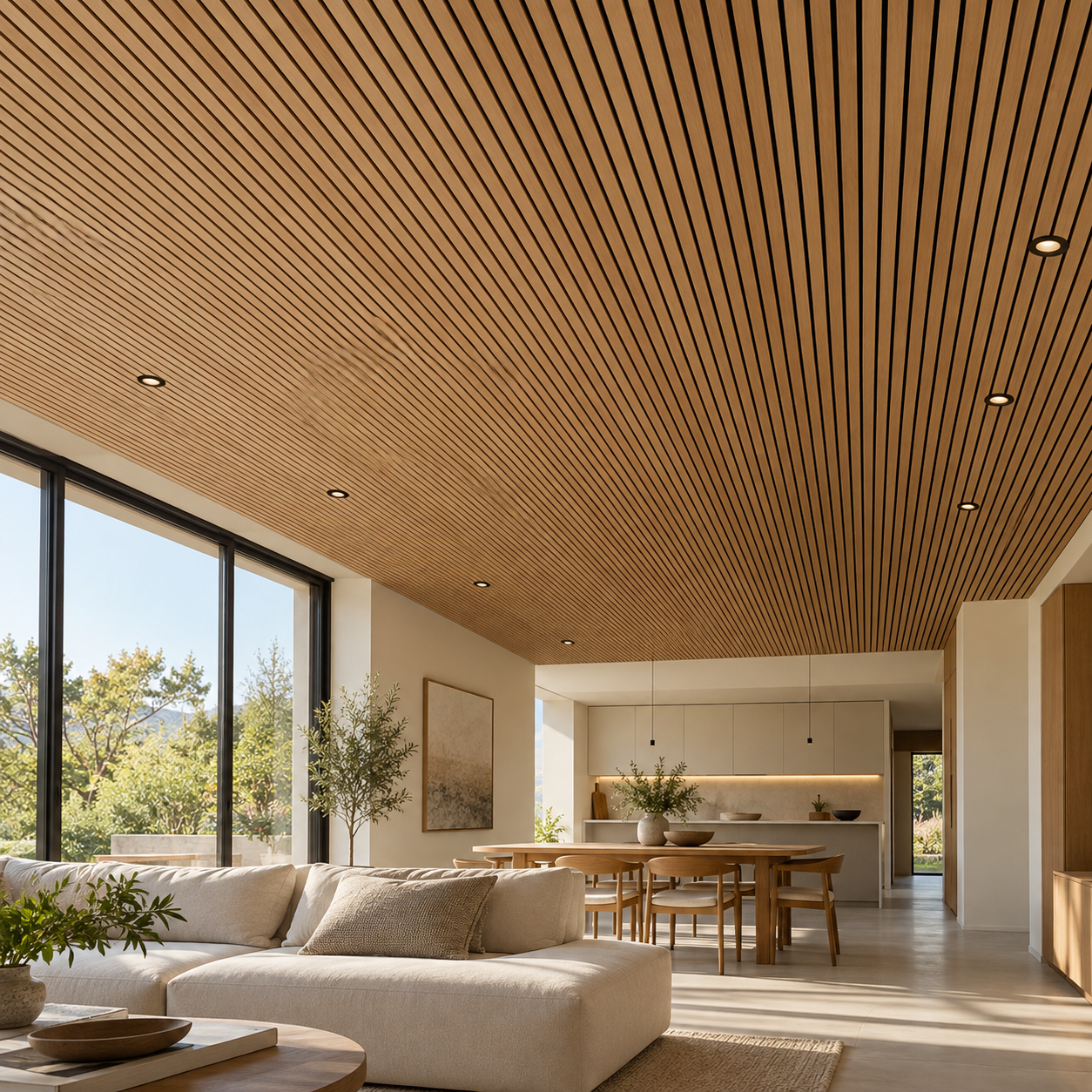 Modern living room with large windows, white sofa, wooden dining table with chairs, and a wood-paneled ceiling.