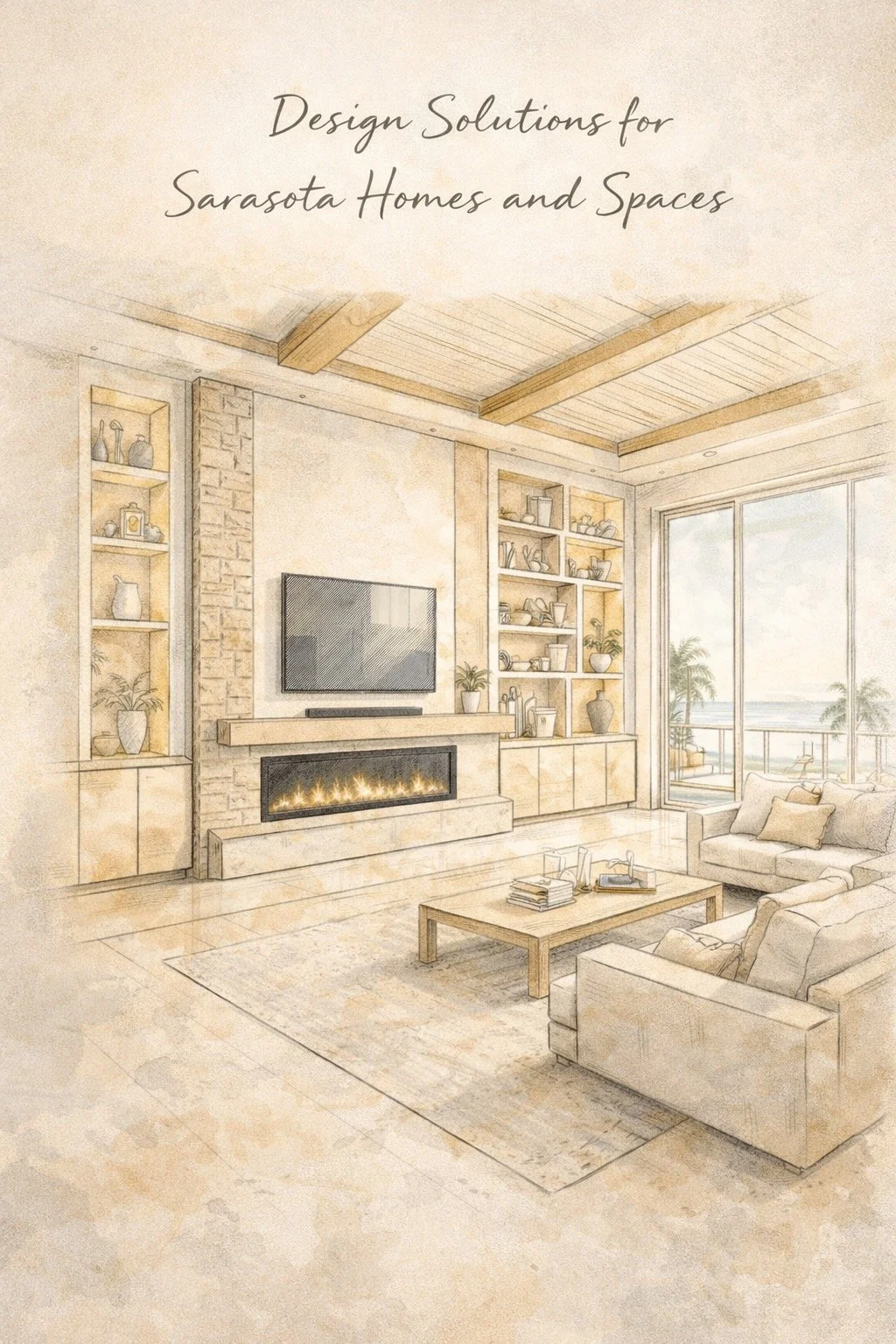 A cozy living room with a fireplace beneath a mounted flat-screen TV, built-in shelves with decor, a large window with a view of palm trees, a comfy sofa, a coffee table with books, and a textured area rug.