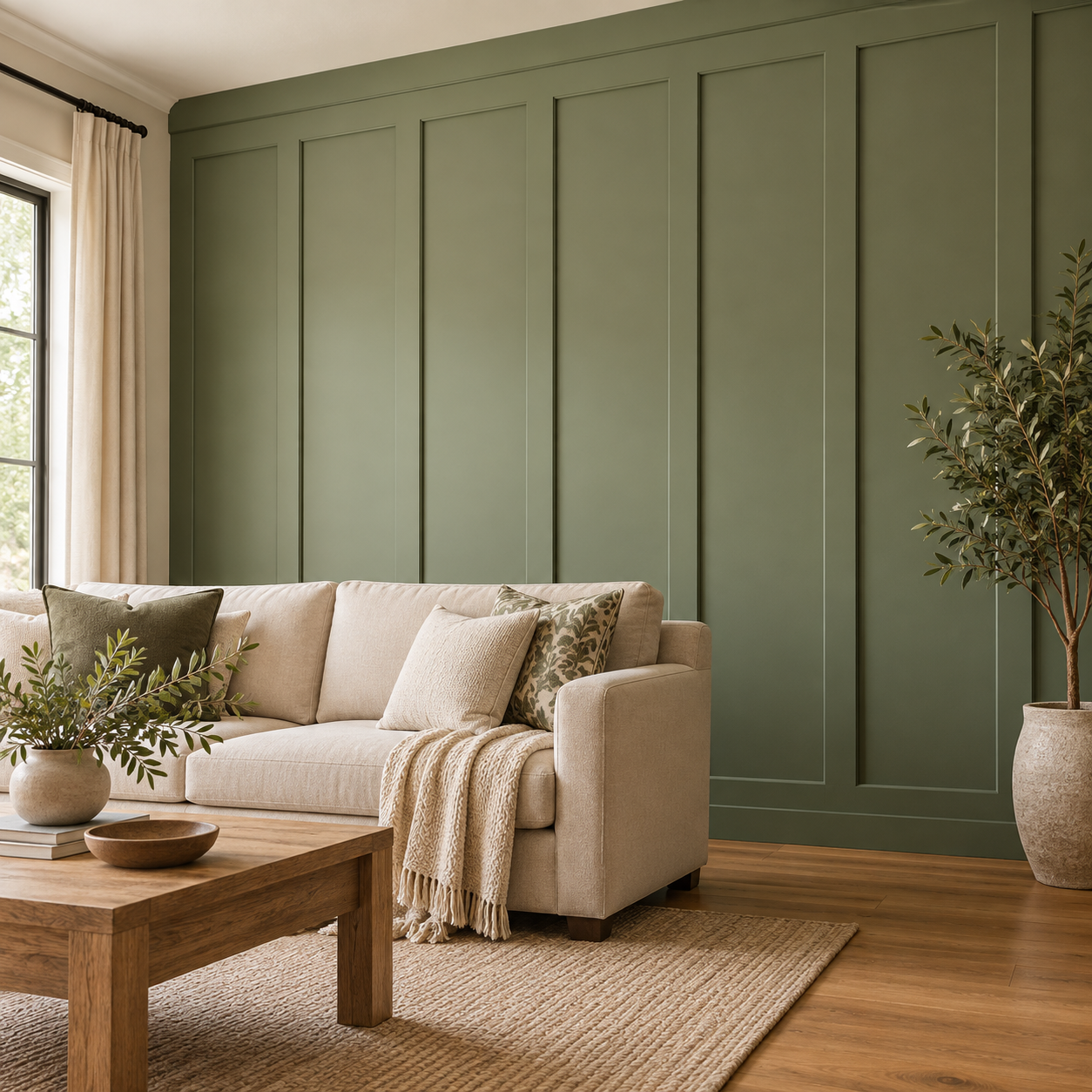 Sage green accent wall with rectangular decorative molding behind a cream sofa.