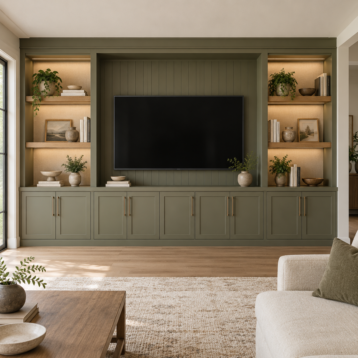 Living room with built-in green cabinetry, a large flat-screen TV, and decorative shelves with plants, books, and framed photos.