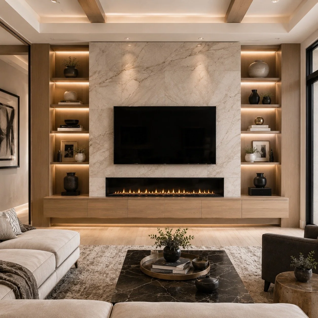 Luxury media wall in a modern Dallas home featuring large-format stone panels, white oak built-in cabinetry, illuminated shelving, floating cabinets, and a linear electric fireplace.