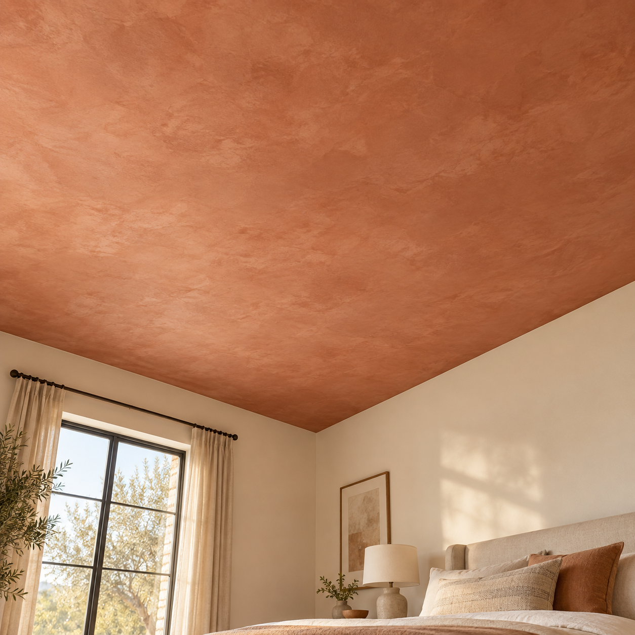 A bedroom with a peach-colored textured ceiling, a window with cream curtains, a beige headboard, and a lamp on a bedside table.