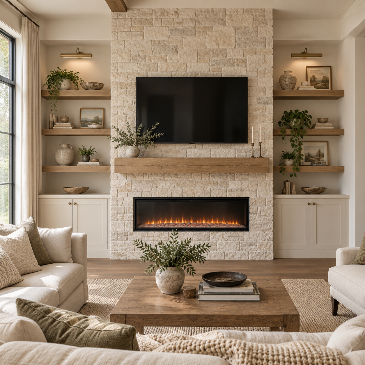 Living room with a wall-mounted flat-screen TV above a fireplace with a glowing fire, flanked by built-in shelves with decorative items, greenery, and framed artwork, large window with beige curtains, beige sofas with throw pillows, and a wooden coffee table with a potted plant and books.
