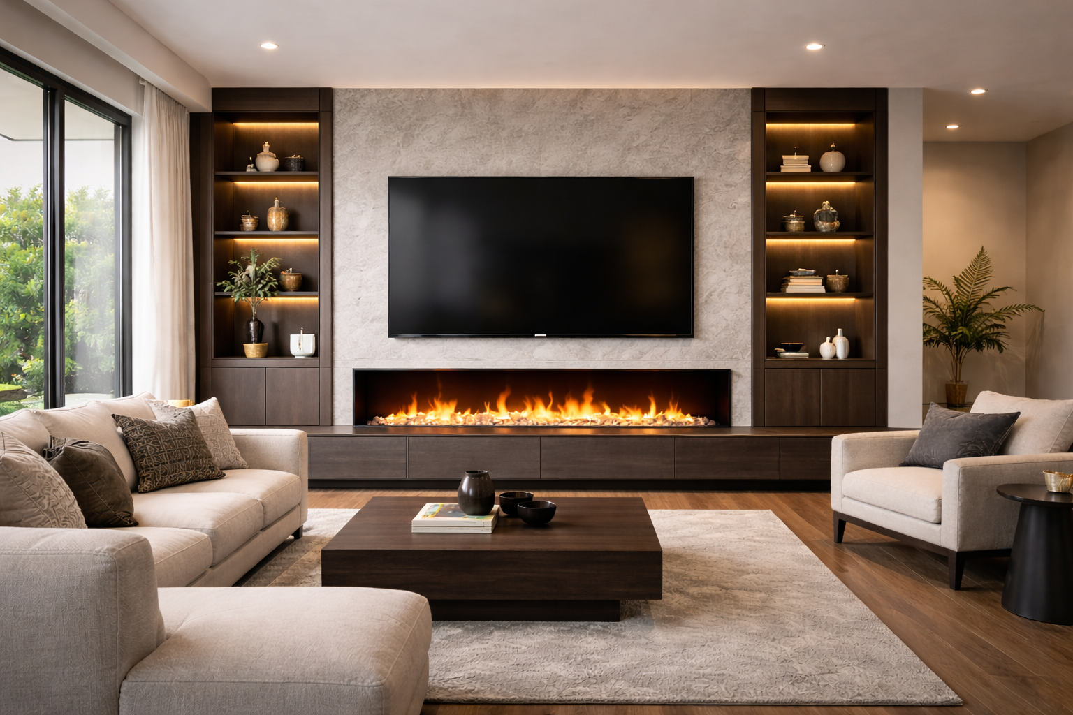 Luxury media wall with fireplace and built-in cabinets.