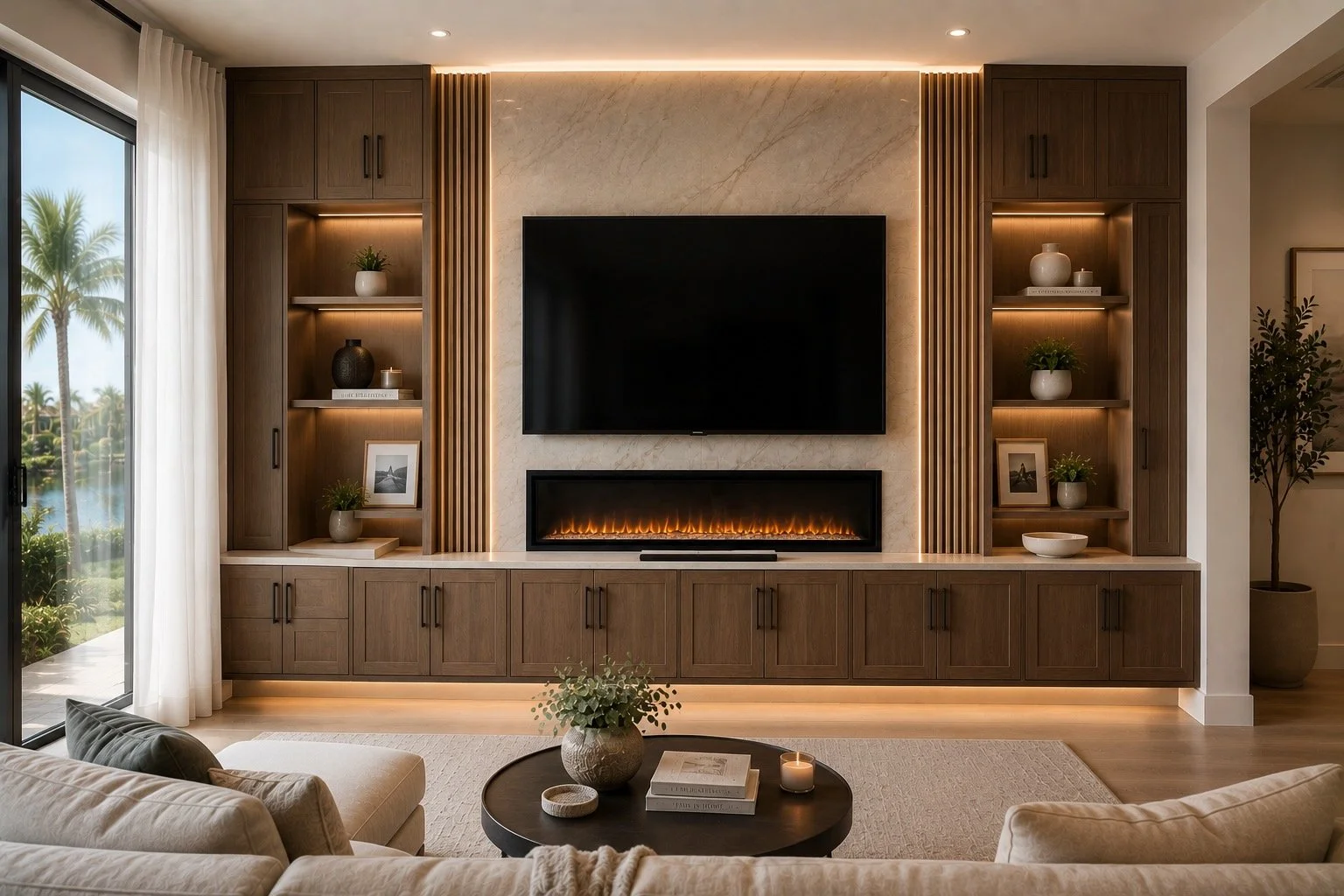 Hybrid media wall with fireplace and built-in cabinets in modern Florida home