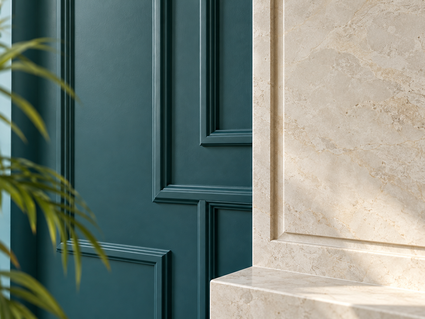 Close-up of a dark green door with raised rectangular panel molding next to a beige marble wall with natural veining.