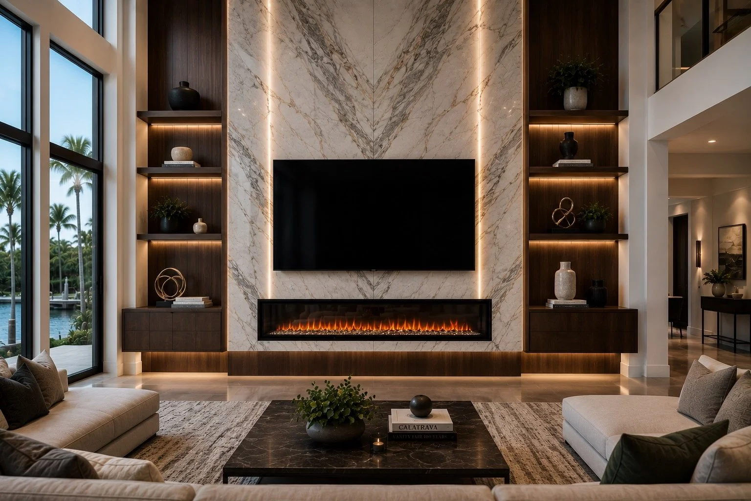 Luxury marble fireplace media wall with built-in cabinetry, LED lighting, and large TV in Florida home
