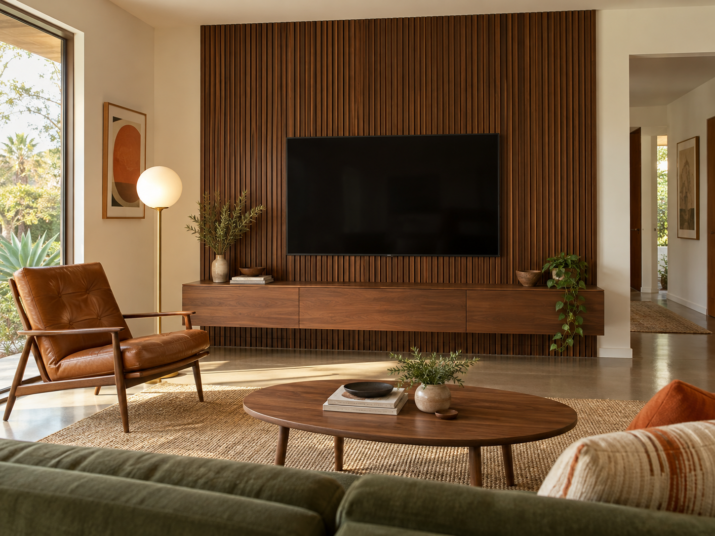 Modern living room with wooden accent wall, flat-screen TV, leather armchair, coffee table, and large window with outdoor view.