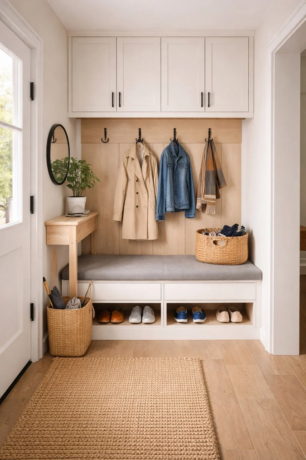 Compact mudroom built-in cabinets with bench seating and upper storage