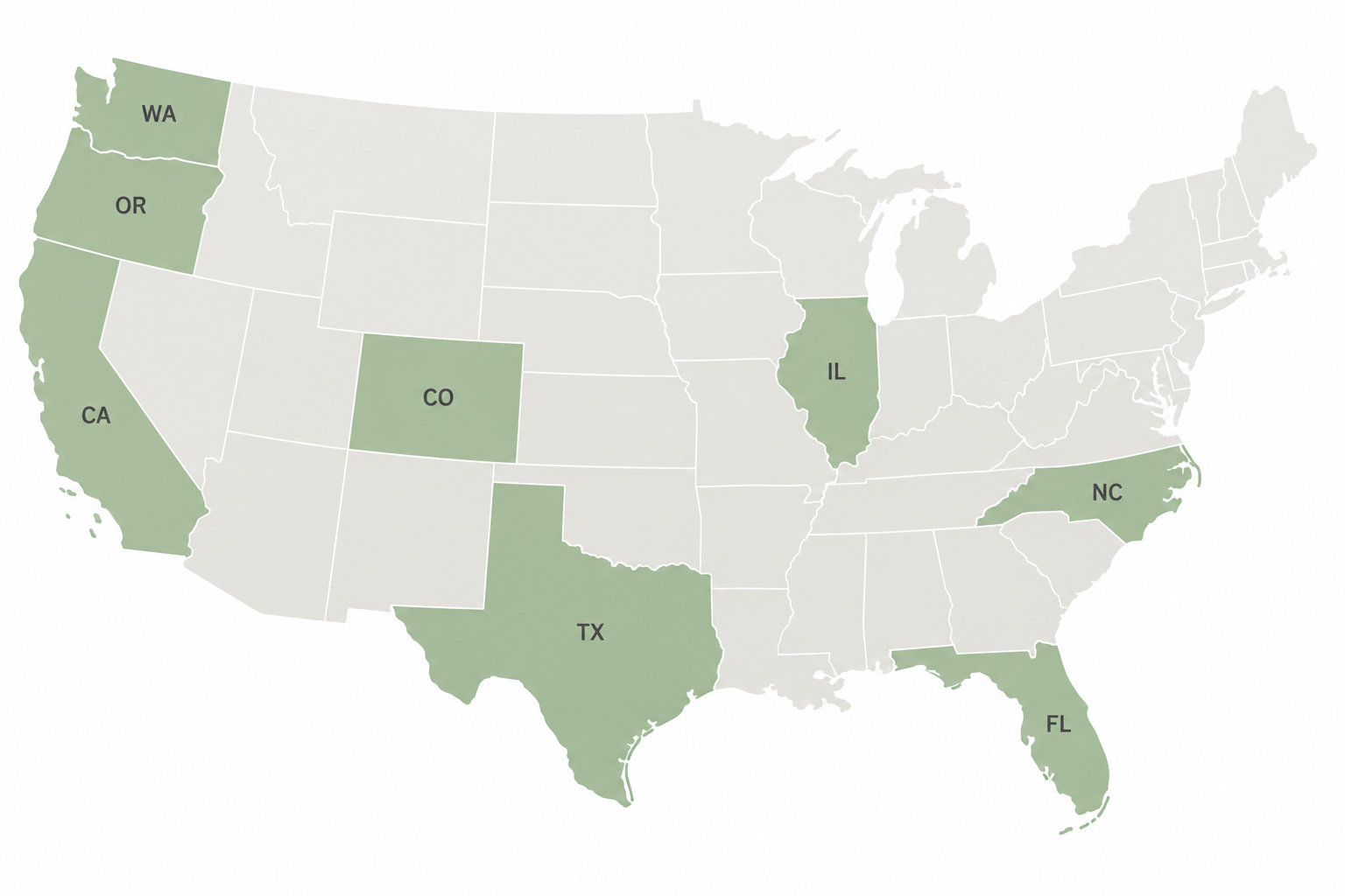 Map of Avileve’s primary service regions highlighting Washington, Oregon, California, Texas, Florida, North Carolina, Illinois and Colorado.