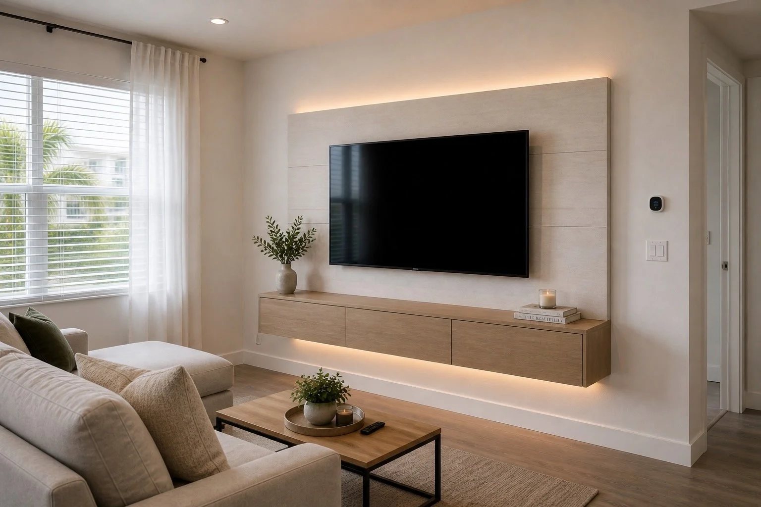 Basic TV wall in Florida living room with floating cabinet, accent panel, and LED lighting