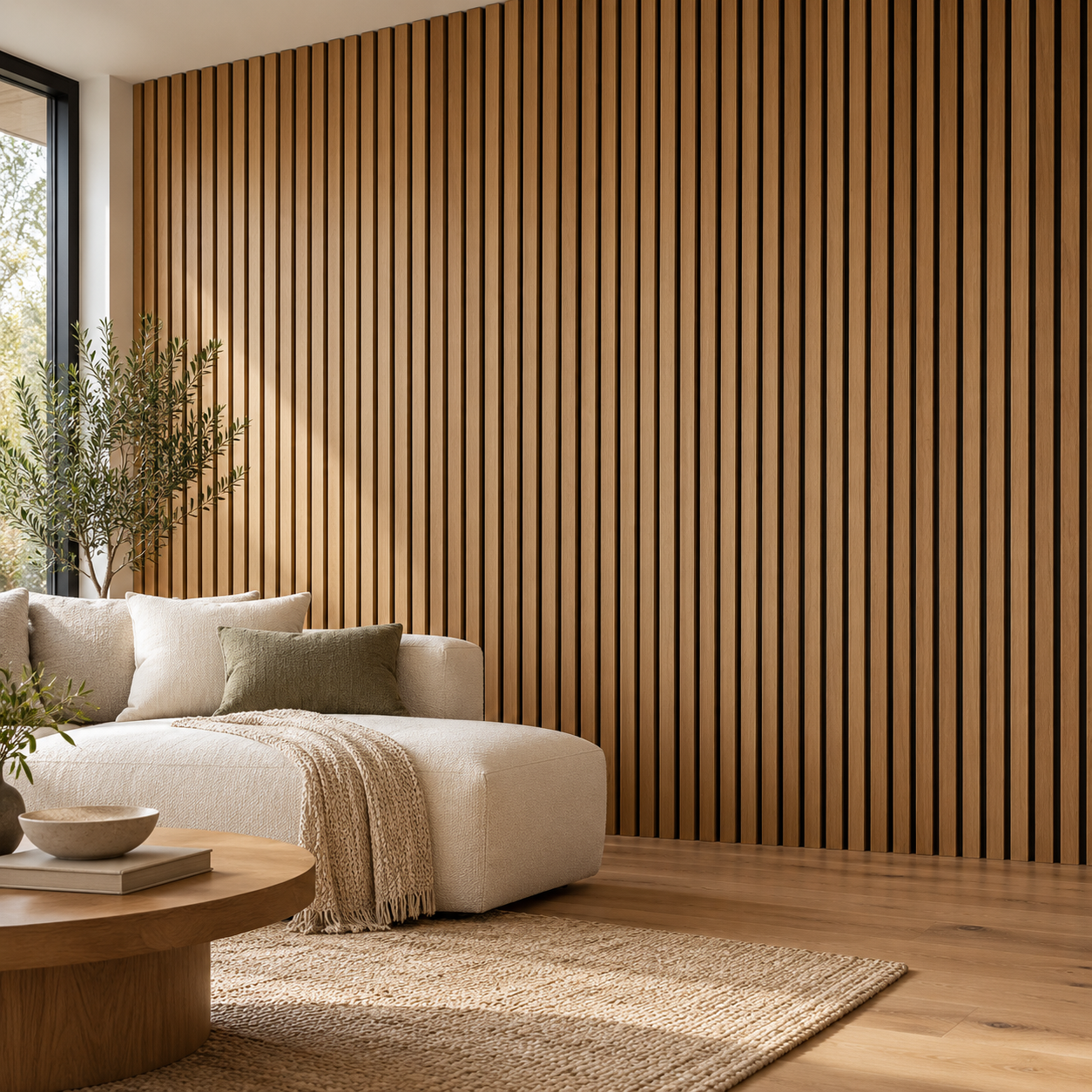 Vertical oak slat accent wall with dark backing behind a cream sofa.