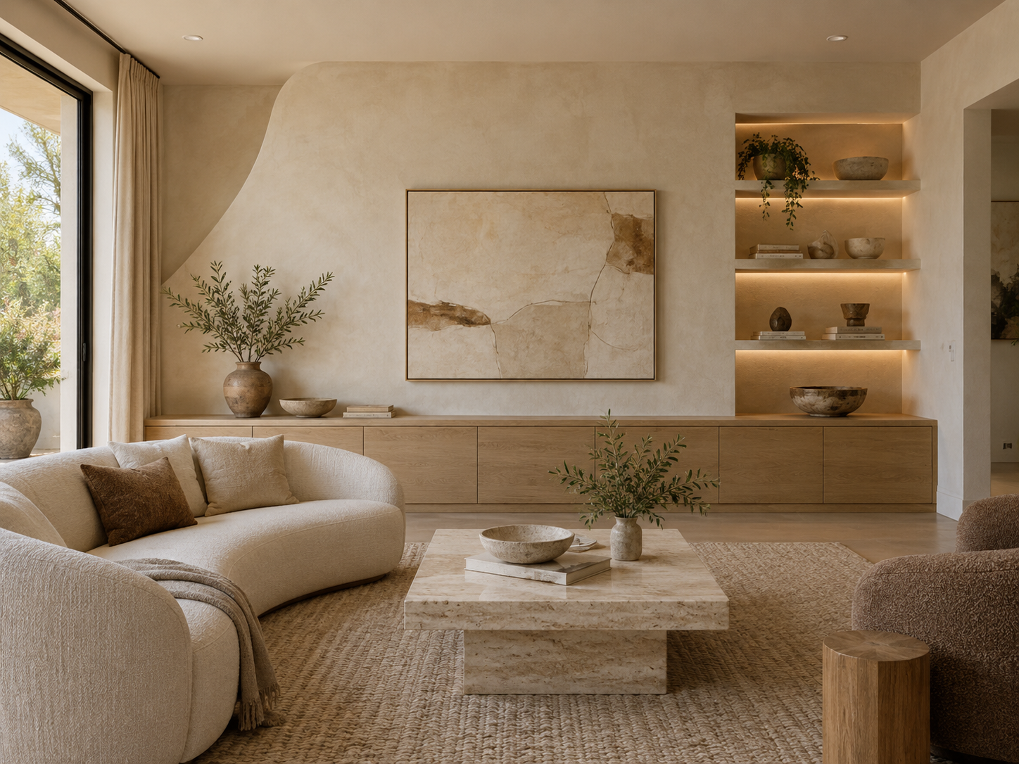 A modern living room with neutral tones, a curved beige sofa, a marble coffee table with decorative bowls and greenery, built-in shelves with pottery and books, a wall-mounted abstract artwork, and large windows with curtains letting in natural light.