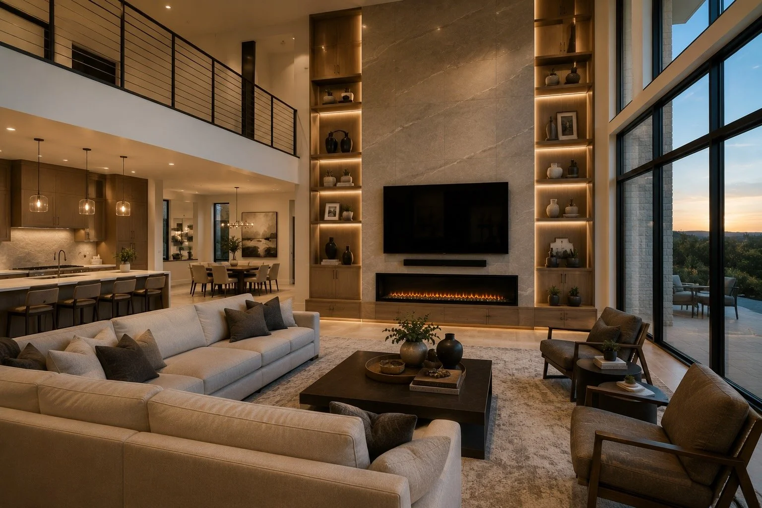 Luxury open-concept Texas living room featuring a custom media wall, linear fireplace, and floor-to-ceiling architectural design
