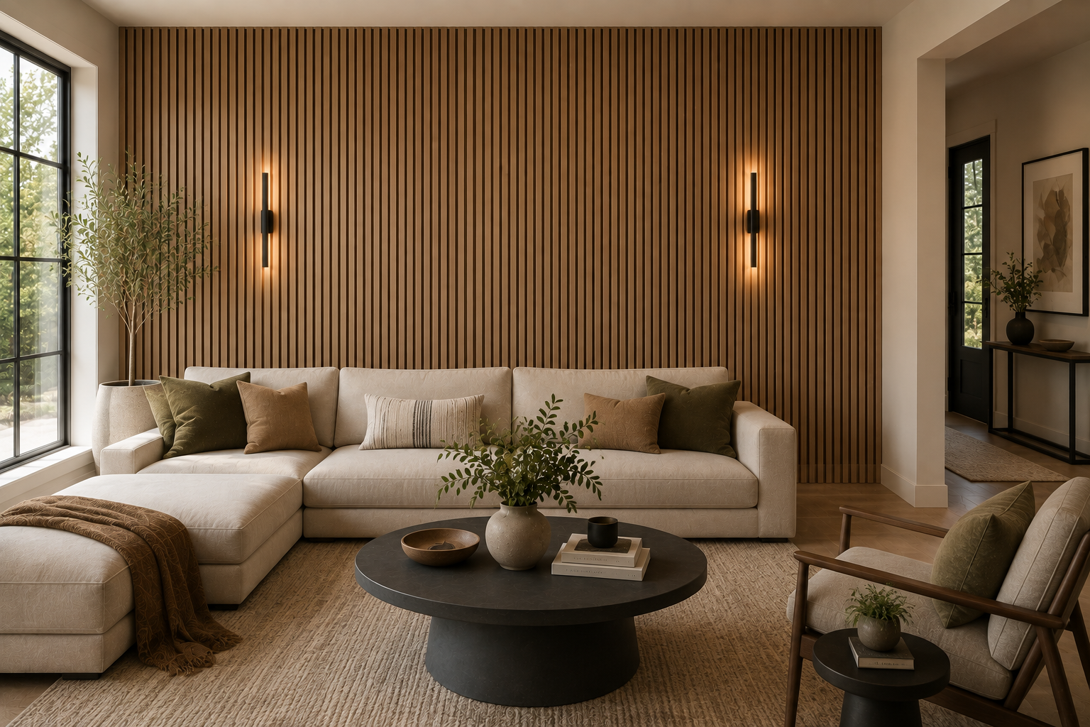 Floor-to-ceiling white oak slat accent wall behind a sofa in a modern Texas living room