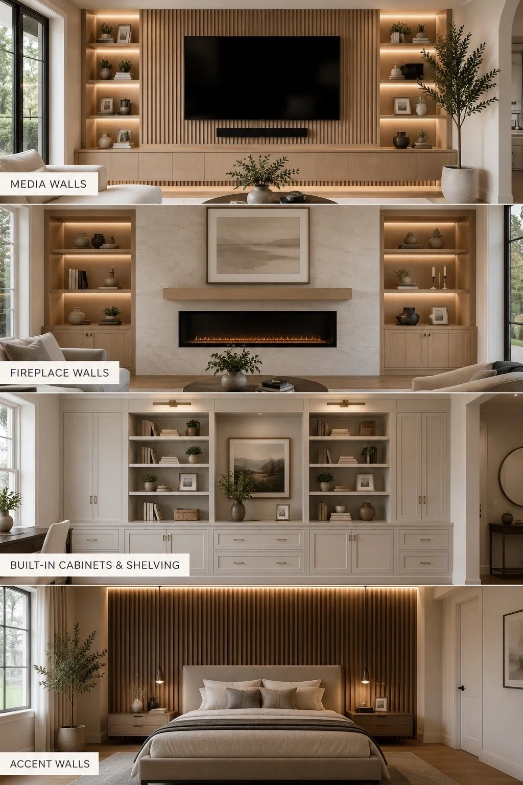 Vertical showcase of custom wall design services including media walls, fireplace walls, built-in cabinetry and shelving, and decorative accent walls for homes across North and South Carolina.