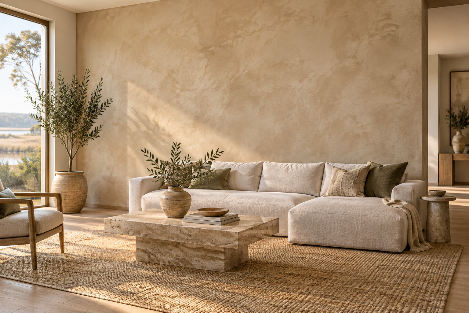 Warm beige limewash accent wall behind a cream sofa in a sunlit living room.