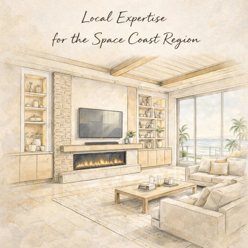 A cozy living room with built-in shelves, a fireplace, a flat-screen TV, a wooden coffee table, a beige sofa, and large windows showing a view of the beach and palm trees outside.