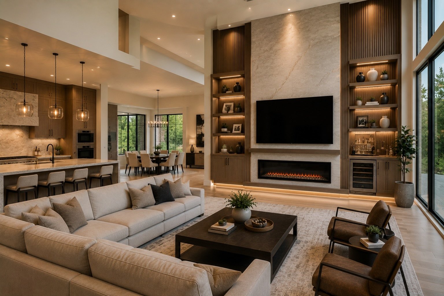 Modern open-concept Texas living room with a custom media wall connecting the kitchen, dining, and living areas