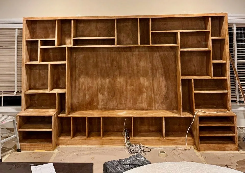 Custom Red Oak Media Wall with Built-In Shelving — Miami, Florida