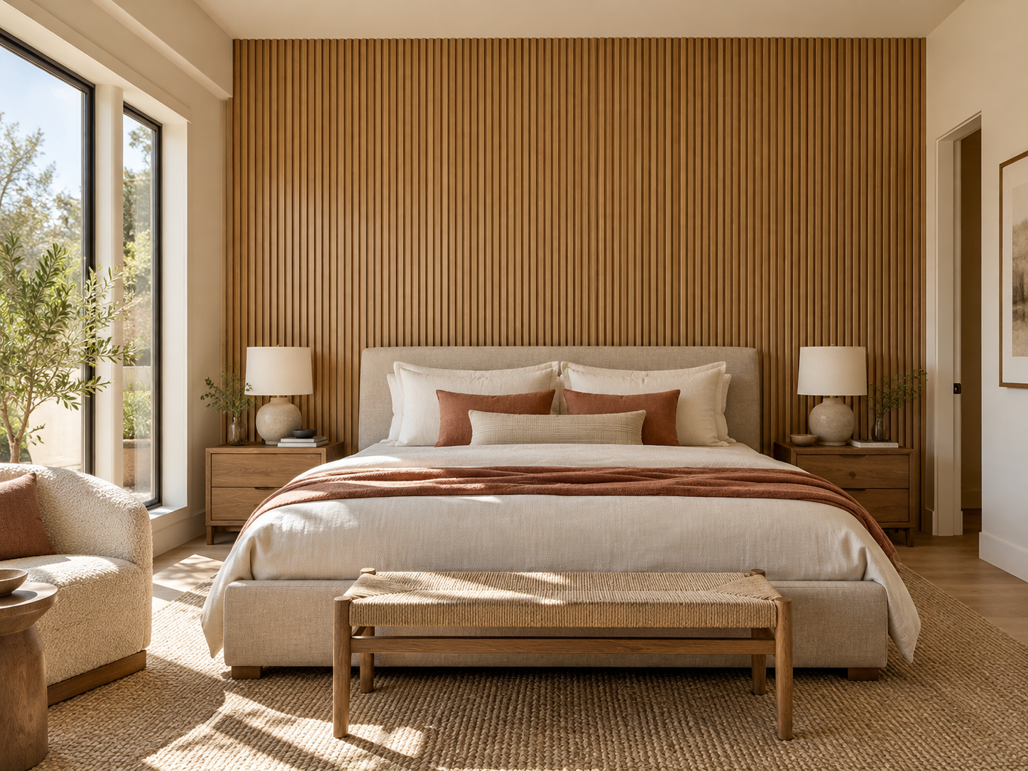 A modern bedroom with a beige upholstered bed, wooden nightstands, and a textured wood-paneled accent wall. The bed has white and rust-colored pillows and a rust-colored throw. Flanking the bed are two lamps with beige bases and white shades. To the left, there is a large window with a view of trees outside, allowing natural light into the room. A beige armchair with a rust pillow, a small wooden side table, and a bench at the foot of the bed are also visible. The room features warm, neutral tones and natural materials.