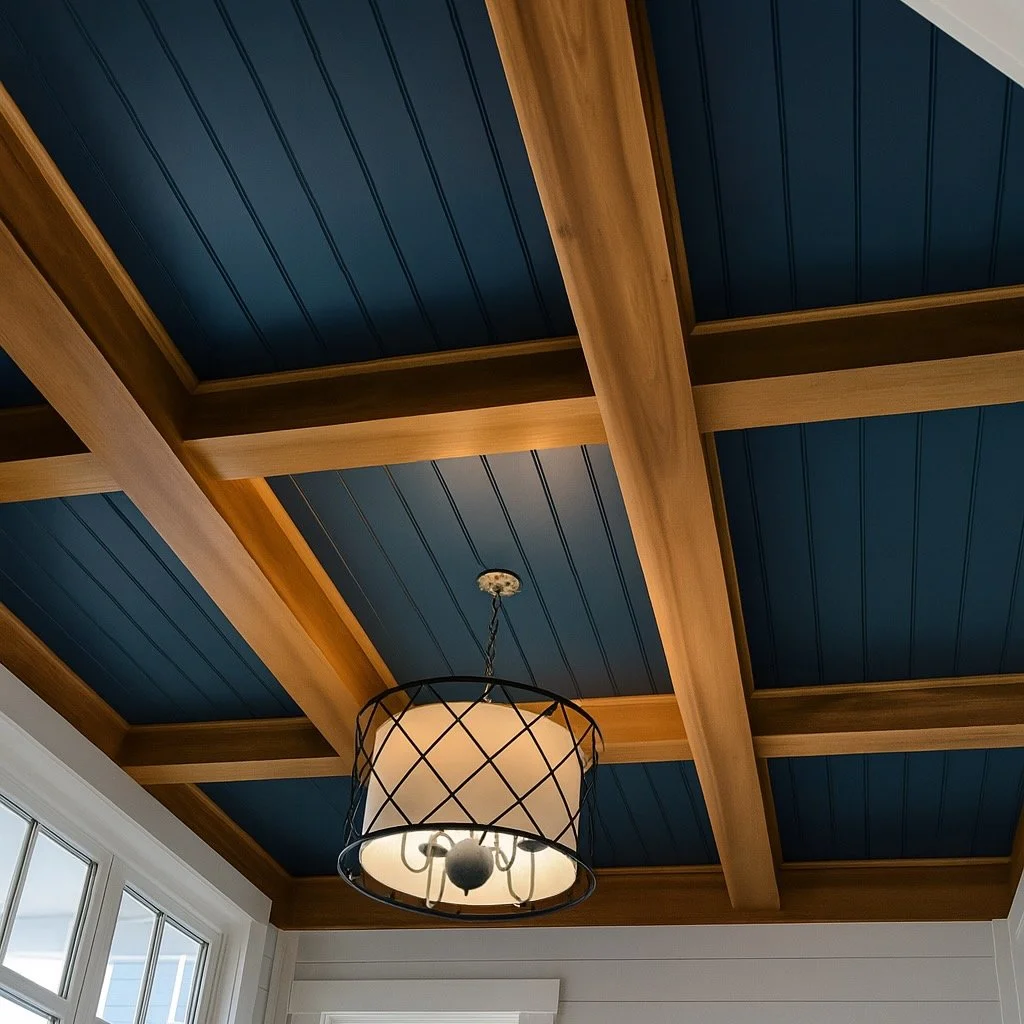 Wooden ceiling beams with navy blue shiplap panels and a decorative pendant light in a bright sunroom.