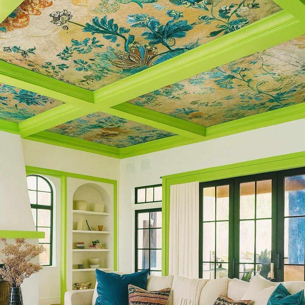 Living room with floral wallpaper ceiling and pistachio green coffered beams.