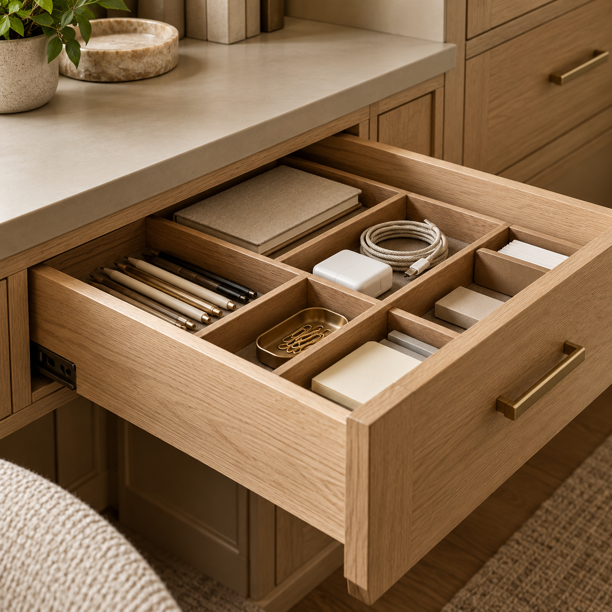 Open wooden drawer with organized note-taking and office supplies, including pens, sticky notes, a charger cable, a white charger, paper clips, and small boxes, in a modern home office or study.