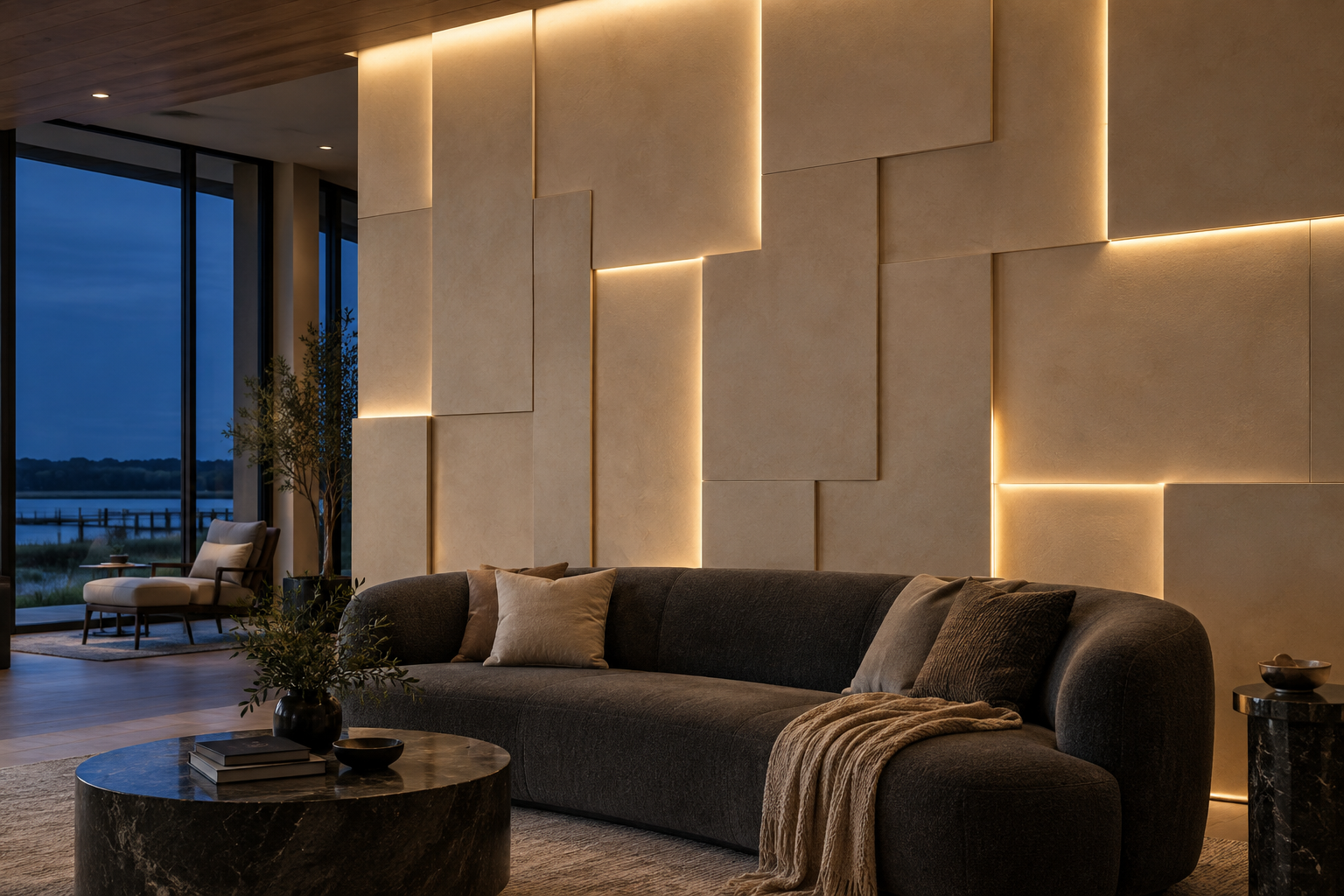 Raised rectangular wall panels with integrated warm LED lighting behind a charcoal sofa.