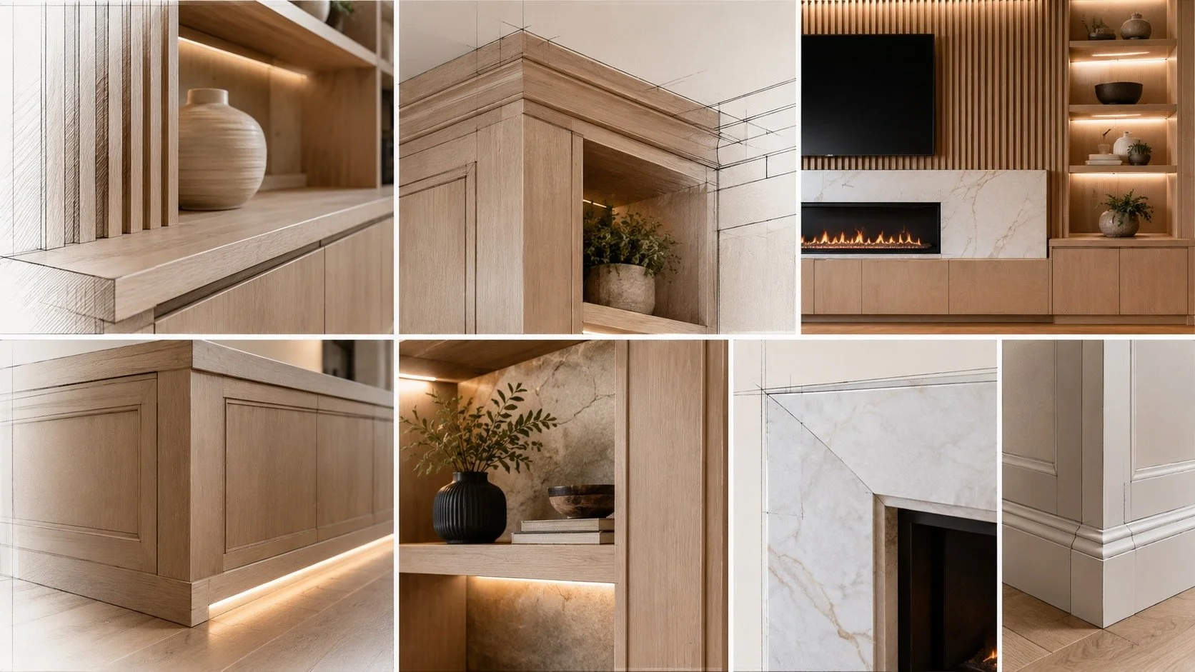 Architectural detail showcase highlighting custom millwork, built-in cabinetry, precision trim work, integrated lighting, and professional wall design craftsmanship in Carolina homes.