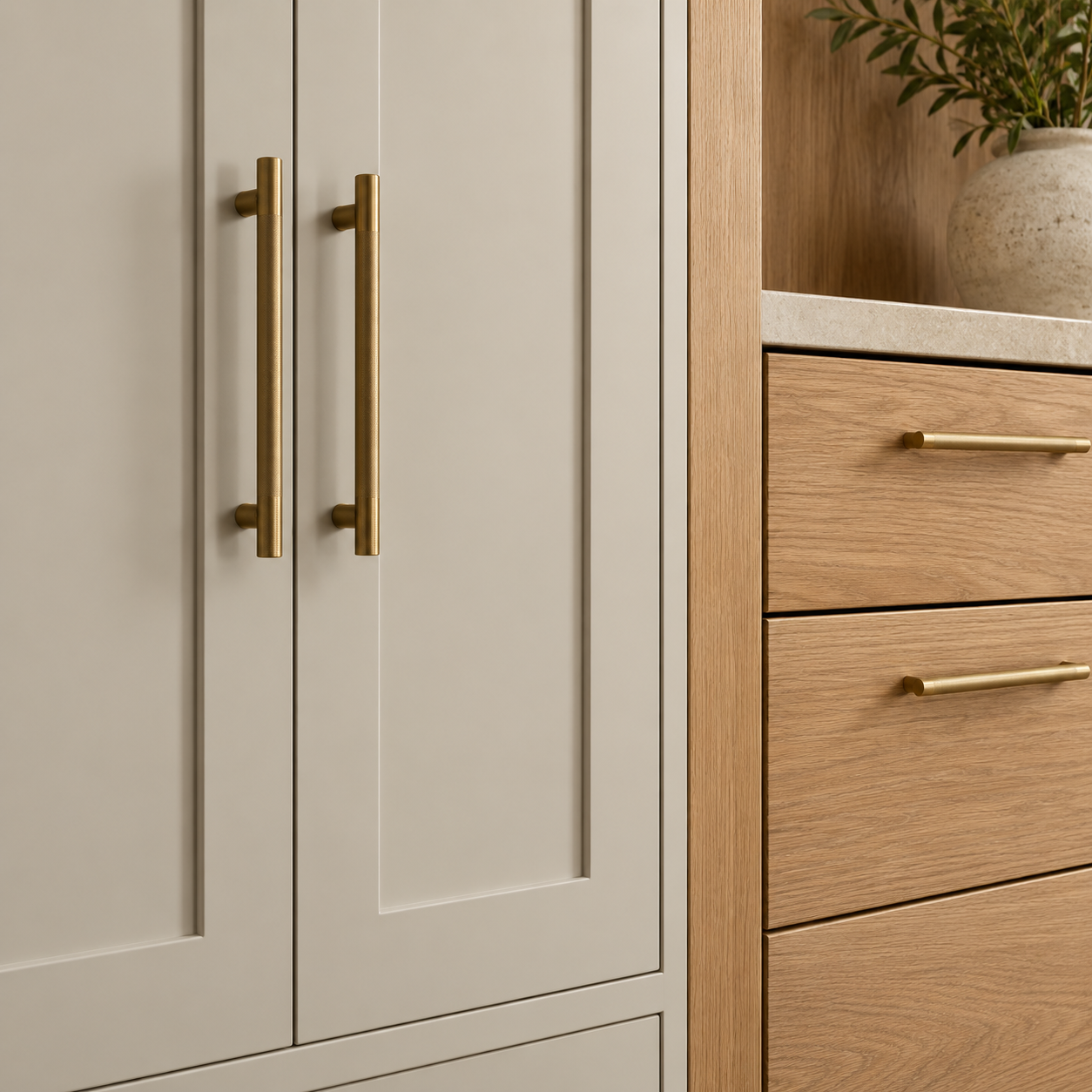 Close-up of modern kitchen cabinets with beige and wooden finishes, featuring gold bar handles, and a potted plant on the countertop.