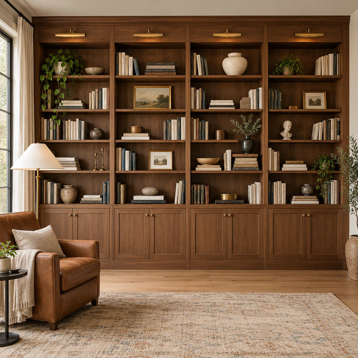 A large wooden bookshelf filled with books and decorative objects in a cozy living room, with a brown leather armchair, a side table with a plant, a table lamp, and a woven rug.