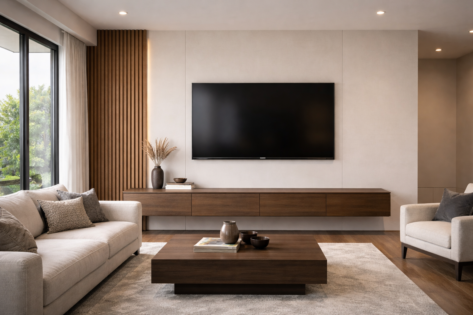 Minimal media wall without fireplace featuring floating cabinet and slats.