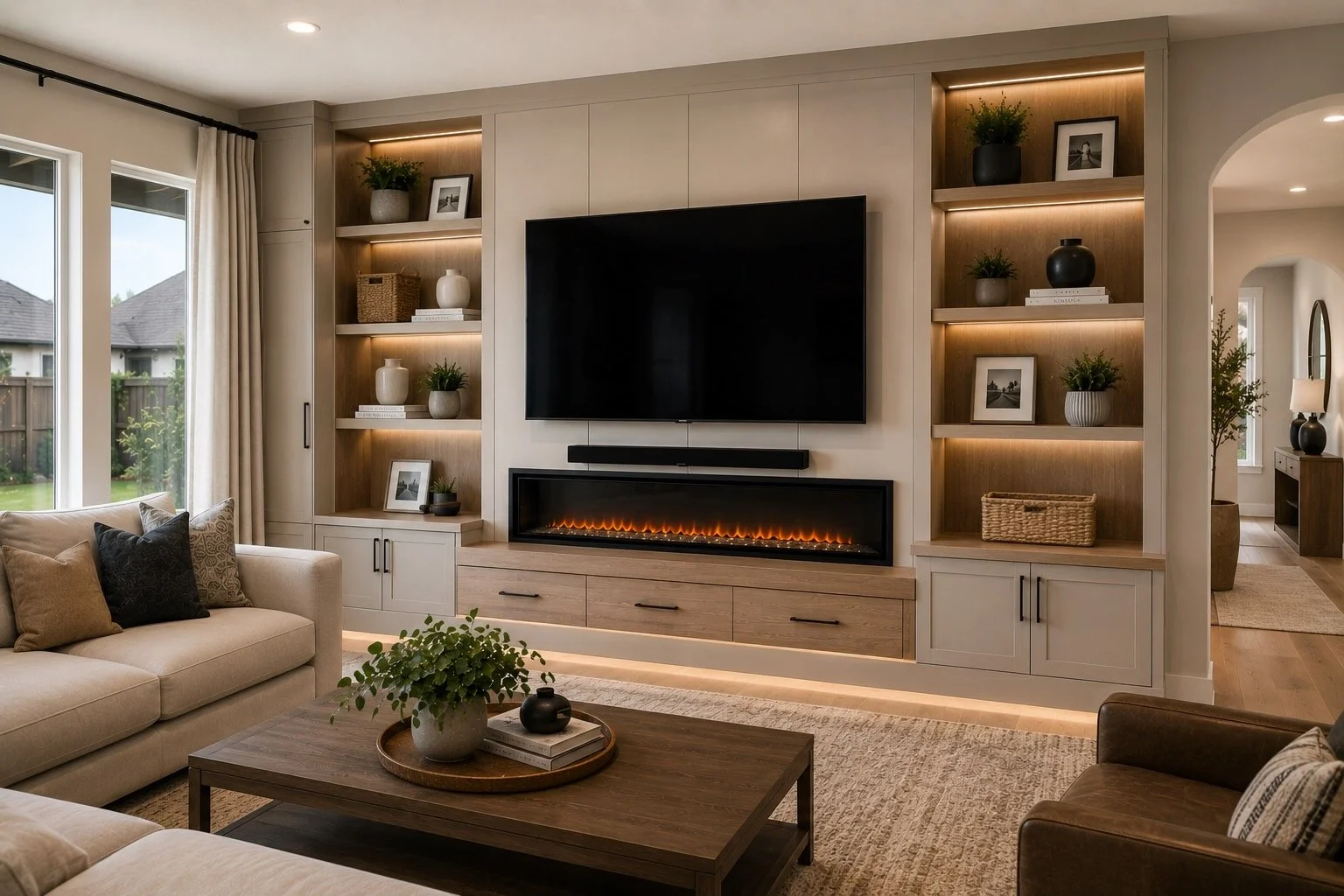 Family-friendly media wall with built-in storage, fireplace, and custom cabinetry in a Houston living room
