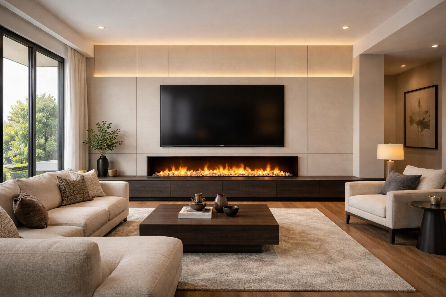 Large media wall with 72-inch electric fireplace and 75-inch TV.