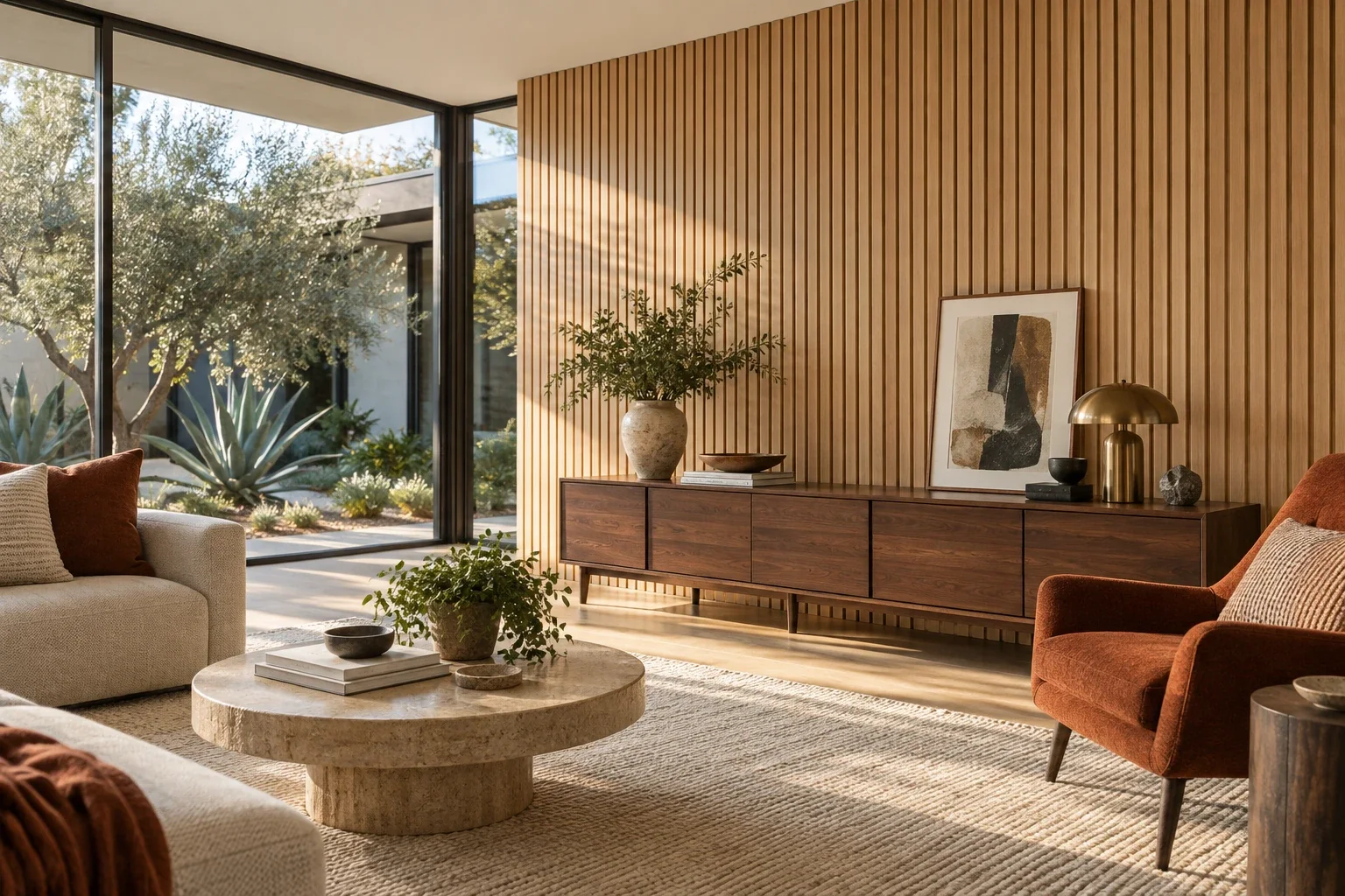 Vertical white oak slat accent wall with a walnut console and rust-colored armchair.