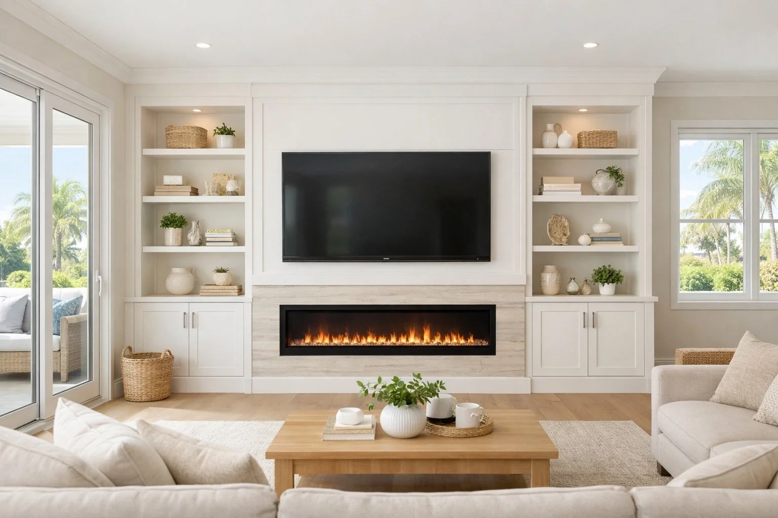 Bright living room with a modern fireplace, surrounded by built-in white shelves holding vases, books, and plants. A large flat-screen TV is mounted above the fireplace. Natural light streams in through sliding glass doors and windows, revealing a tr