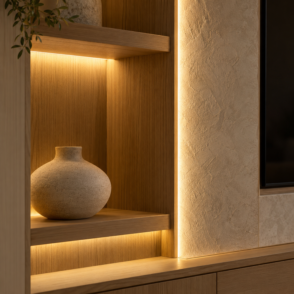 Wooden display shelf with a textured beige vase, illuminated by warm built-in lighting, next to a textured beige wall.