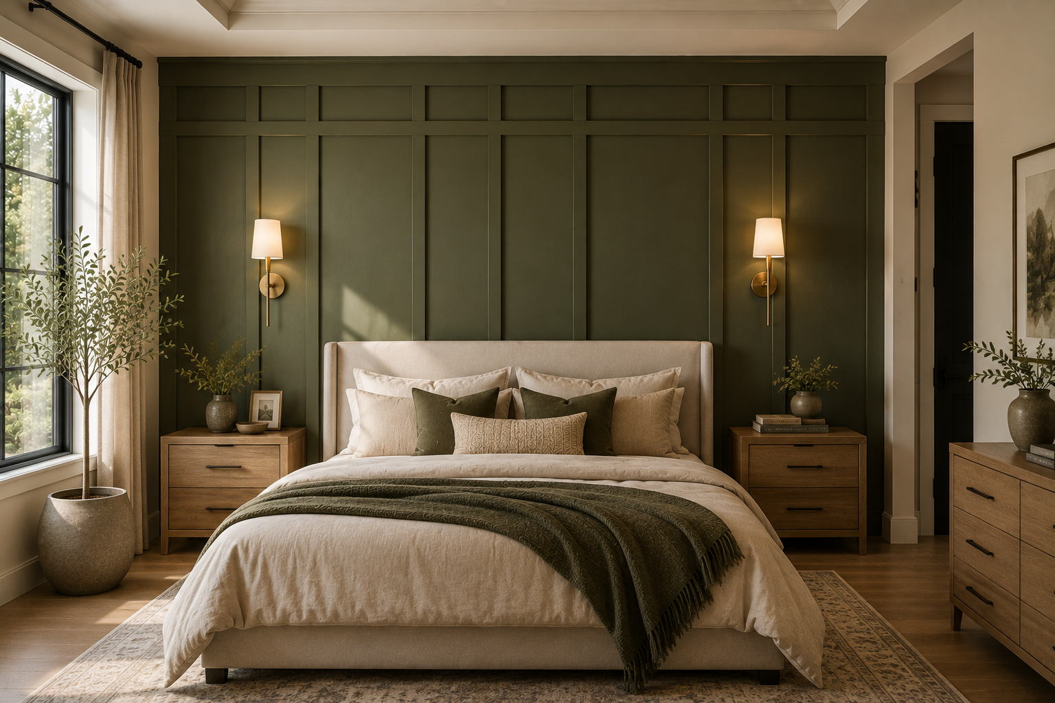 Deep olive board and batten accent wall behind a bed in an upscale Texas bedroom